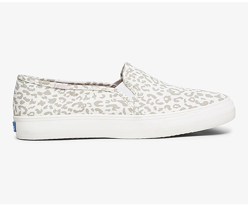 Keds Womens White Leopard Slip On Shoes - Keds Double Decker Animal 870RXEAMO